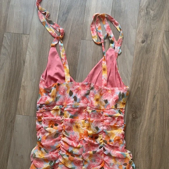 Lily Rose tie straps floral print rouched dress w ruffle S XL jrs - Picture 11 of 17